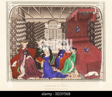 Christine de Pizan presenta il suo libro a Isabella di Baviera, regina di Francia, 1410. Le donne indossano copricapi o escoffion con corna. La camera ha travi di legno, un divano con baldacchino, pavimento in moquette, pareti con scacchiera e motivi fleurs-de-lys, gatto e cane. Dal Libro della Regina, le Livre de la Cité des Dames, MS Harl. 6431 (ora British Library MS Harley 4431). Incisione a blocchi di legno a mano di Henry Shaw dai suoi abiti e decorazioni del Medioevo dal VII al XVII secolo, William Pickering, Londra, 1843. Foto Stock