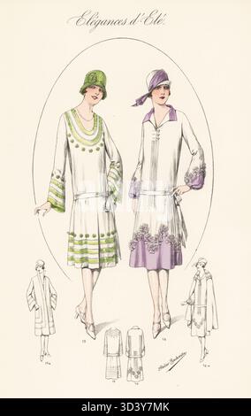Flappers in cappellini e abiti estivi, 1926. Vestire in crepe romain con maniche pagoda 15 e cappotto coordinato 15a, e vestire in crepe de Chine con fiori applicati 16, e capo 16a. Litografia a colori di Atelier Bachwitz di Modell-Kleider fur den Hochsommer, Elegances d'Ete, Fashions for the Hot Season, Atelier Bachwitz AG, Vienna, 1926. Foto Stock