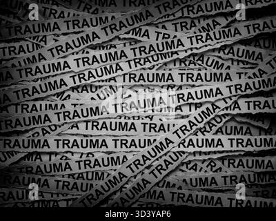 Strisce di giornali con le parole Trauma. Bianco e nero. Primo piano. Foto Stock