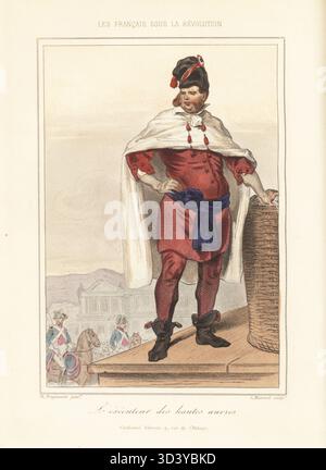 Charles-Henri Sanson, boia o borghese durante il regno di Luigi XVI e il regno del terrore, 1739-1806. In piedi accanto a un cestino sull'impalcatura. In cappello con cockade tricolore, mantello bianco, cappotto rosso e manichetta, fascia blu. L'executeur des hautes oeuvres. Incisione in acciaio colorata a mano di Leopold Massard dopo un'illustrazione di Theophile Fragonard di Augustin Challamel e Les Francais sous la Revolution di Wilhelm Tenint, The French under the Revolution, Challamel, Paris, 1843. Foto Stock