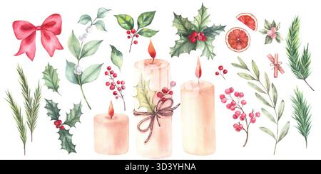 Set clipart natalizio acquerello. Collezione invernale con candele dipinte a mano, rami sempreverdi, frutti di bosco rossi. Isolato su sfondo bianco. Per inviti, biglietti d'auguri, scrapbooking, stampe. Foto Stock