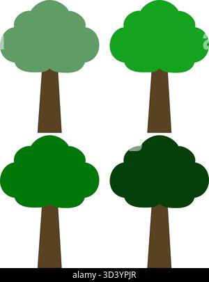 Set di quattro alberi verdi stilizzati con tronchi marroni isolati su sfondo bianco. Illustrazione dell'icona del cartone animato Illustrazione Vettoriale