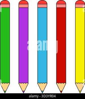 Fila di cinque colorate matite vettoriali cartoni animati con gomme in verde, viola, blu, rosso e giallo. Strumenti di disegno o scrittura per la scuola o l'istruzione Illustrazione Vettoriale
