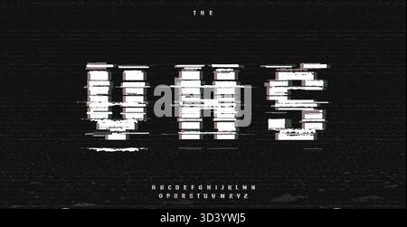 VCR VHS font logo alfabeto glitch effetto tipografia su pattern di pixel ruvidi grunge, sfondo analogico dello schermo. Vecchio alfabeto di visualizzazione bitmap. Digitale Illustrazione Vettoriale