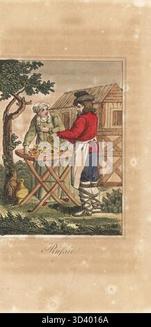 Venditore di torte a San Pietroburgo, Russia. L'uomo barbuto in cappello, giacca, grembiule e ghette regala una torta. Una contadina sta dietro il tavolo. Russia. Dopo un'illustrazione di Jacques Grasset de Saint-Sauveur. Incisione su lastra di rame colorata a mano dal Choix de Voyages les Plus Interessants dans Diverses Parties du Monde, chez Philippe, Parigi, 1831. Foto Stock