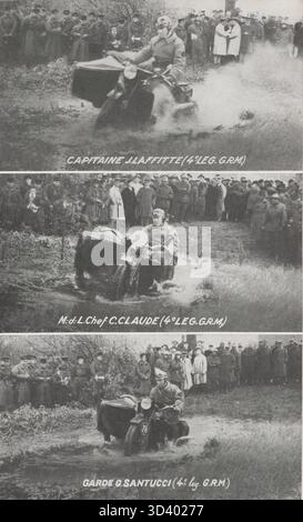 Una fotografia tra il 30 aprile e il 15 maggio 1938 che mostra i motociclisti militari che navigano su terreni diversi durante il Tour de France militaire motociclista. I piloti fanno parte della IV Legione della GRM, con i capitani Laffitte e Claude a capo del gruppo. Foto Stock
