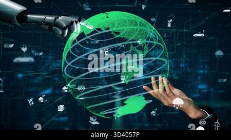 Un robot futuristico gesta la mano verso un globo digitale che rappresenta iniziative ecocompatibili e integrazione tecnologica per la sostenibilità e. Foto Stock