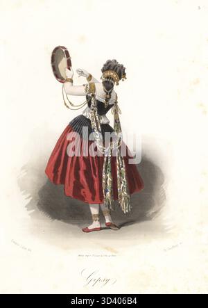 Donna in costume come rom danzante o rom.. Capelli decorati con catene d'oro, braccialetti e caviglie d'oro, corpetto, gonne rosse, scialle ricamato, che suonano un tamburello. Zingaro. Incisione in acciaio colorata a mano di Charles Geoffroy dopo un'illustrazione di Francois Claudius Compte-Calix di Les travestissements élégants, eleganti costumi fantasia, Les Modes Parisiennes, Parigi, 1853. Foto Stock