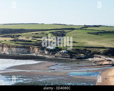 Paesaggio costiero panoramico con scogliere di gesso, cottage e campi verdi lungo una tranquilla costa dell'East Sussex. Foto Stock