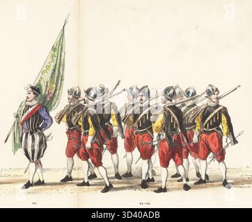 Uniformi militari di moschettieri olandesi, 1586. Insegna con 44 standard e moschettieri con arquebus Flintlock e riposo, casco, collare antiruggine, bandoliere, 45-54. Vaandrig, Schutters. Litografia colorata a mano di Pieter Willem Marius Trap dopo un'illustrazione di Gerardus Johannes Bos in Maskerade, Leiden 1870, (Masquerade by Leiden Students 1870), una rievocazione storica della visita di Robert Lord Dudley, Barone von Denbigh, Conte di Leicester, e altri all'Università di Leida nel 1586, pubblicata da Jac. Hazenberg Cornsz, Leida, 1870. Foto Stock