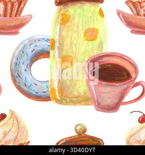 Vaso giallo, cupcake di ciambelle glassato, tazza di caffè e piatto. Disegno senza cuciture a olio pastello. Per interni, ambientazioni vintage retrò, ristorante CA Foto Stock