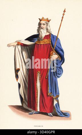 Edoardo III, re d'Inghilterra, Edoardo di Windsor, 1312-1377. Il re come un vecchio barbuto in mantello rivestito di pelliccia sopra una lunga tunica, con corona e scettro. Dal suo monumento nell'Abbazia di Westminster. Edouard III, ROI d'Angleterre, XIVe siecle. Incisione in legno a mano su Charles Hamilton Smith dal Costume du Moyen Age di Jacques Joseph van Beveren, costume medievale, Librairie Historique-Artistique, Bruxelles, 1847. Foto Stock