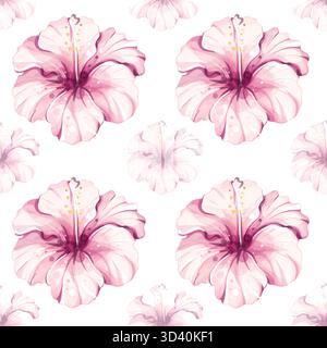 Vivace motivo estivo senza cuciture con delicati fiori di ibisco rosa, ideale per decorazioni a tema spiaggia, occasioni di festa e per creare un allegro Illustrazione Vettoriale
