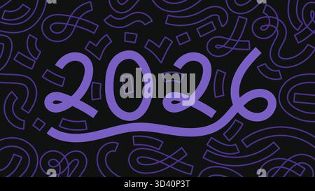 2026 Memphis Black and Purple Doodle background New Year Celebration Design. Illustrazione vettoriale Illustrazione Vettoriale