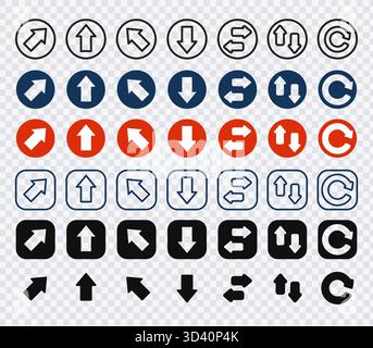 Raccolta di frecce di navigazione e icone di aggiornamento in vari stili. Illustrazione vettoriale Illustrazione Vettoriale