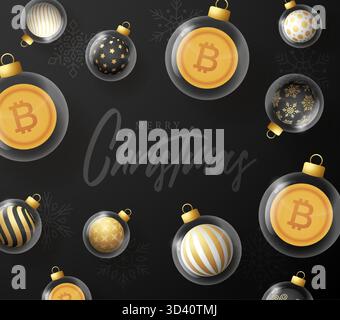 Banner di auguri di Natale e Capodanno Bitcoin. Buon biglietto d'auguri d'oro natalizio con pallina di Natale in vetro su sfondo nero. Illu vettoriale Illustrazione Vettoriale