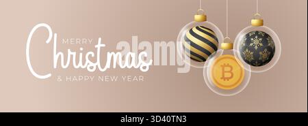 Banner di auguri di Natale e Capodanno Bitcoin. Buon biglietto d'auguri d'oro natalizio con pallina di Natale in vetro su sfondo beige. Illu vettoriale Illustrazione Vettoriale