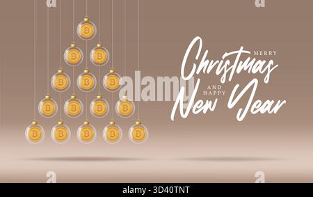 Bitcoin albero di Natale e banner di benvenuto di Capodanno. Buon biglietto d'auguri d'oro natalizio con pallina di Natale in vetro su sfondo beige. Vettore Illustrazione Vettoriale