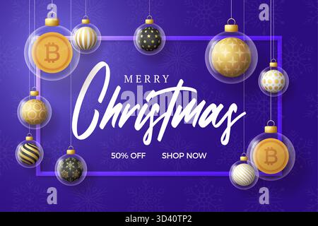 Banner di auguri di Natale e Capodanno Bitcoin. Buon biglietto d'auguri d'oro natalizio con pallina di Natale in vetro su sfondo viola. Ill vettoriale Illustrazione Vettoriale