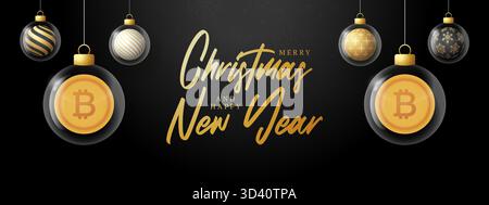 Banner di auguri di Natale e Capodanno Bitcoin. Buon biglietto d'auguri d'oro natalizio con pallina di Natale in vetro su sfondo nero. Illu vettoriale Illustrazione Vettoriale