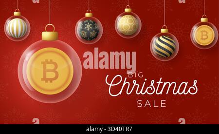 Banner di auguri di Natale e Capodanno Bitcoin. Buon biglietto d'auguri natalizio dorato con pallina di Natale in vetro su sfondo rosso. Immagine vettoriale Illustrazione Vettoriale