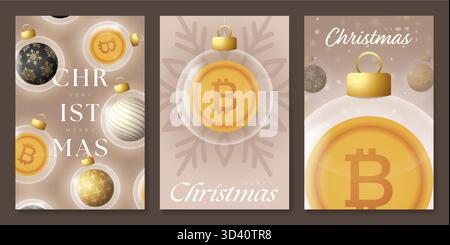 Set di banner di auguri di Natale e Capodanno Bitcoin. Buon biglietto d'auguri d'oro natalizio con pallina di Natale in vetro come collezione di bauble. Illustrazione vettoriale Illustrazione Vettoriale