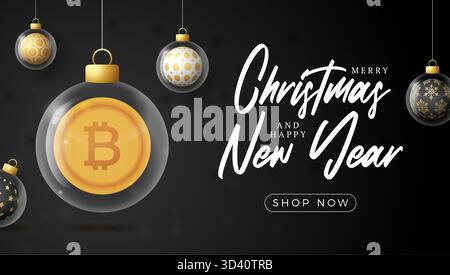 Banner di auguri di Natale e Capodanno Bitcoin. Buon biglietto d'auguri d'oro natalizio con pallina di Natale in vetro su sfondo nero. Illu vettoriale Illustrazione Vettoriale