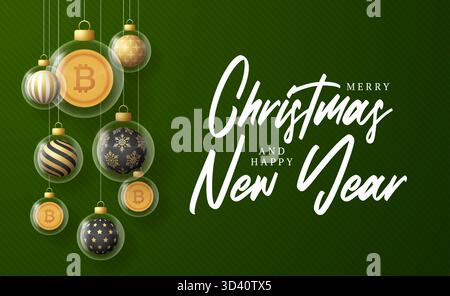 Banner di auguri di Natale e Capodanno Bitcoin. Buon biglietto d'auguri d'oro natalizio con pallina di Natale in vetro su sfondo verde. Illu vettoriale Illustrazione Vettoriale