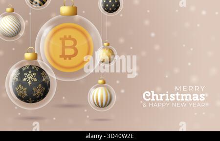 Banner di auguri di Natale e Capodanno Bitcoin. Buon biglietto d'auguri d'oro natalizio con pallina di Natale in vetro su sfondo beige. Illu vettoriale Illustrazione Vettoriale