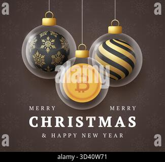 Banner di auguri di Natale e Capodanno Bitcoin. Buon biglietto d'auguri d'oro natalizio con pallina di Natale in vetro su sfondo beige. Illu vettoriale Illustrazione Vettoriale