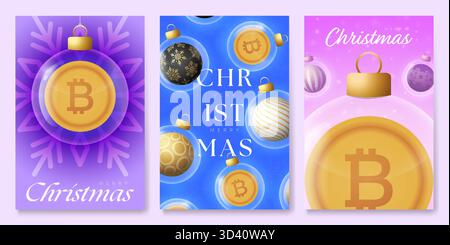 Set di banner di auguri di Natale e Capodanno Bitcoin. Buon biglietto d'auguri d'oro natalizio con pallina di Natale in vetro come collezione di bauble. Illustrazione vettoriale Illustrazione Vettoriale