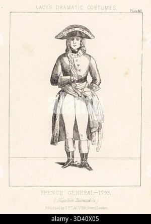 Napoleone Bonaparte, imperatore francese, 1769-1821. In uniforme di un generale, esercito rivoluzionario francese, 1793. In bicorne, mantello lungo, pantaloncini e stivali, con fascia tricolore e sciabola. Litografia da Thomas Hailes Lacy's male Costumes, Historical, National and Dramatic in 200 Plates, Londra, 1865. Lacy (1809-1873) è stato un attore, drammaturgo, direttore teatrale ed editore britannico. Foto Stock