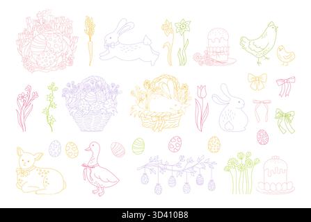 Set di scarabocchi per gli elementi pasquali. Uova di Pasqua in fila, cesto di uova e torte, coniglio, pollo, agnello d'oca e fiori. Festività natalizie di Pasqua. Illustrazione disegnata a mano del vettore del libro di colorazione dei bambini dei cartoni animati Illustrazione Vettoriale