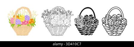 Buone uova di pasqua nel set di cartoni animati simbolo del cestino. Cestino illustrativo per bambini di Pasqua pieno di uova decorate e fiori primaverili icona a forma di scarabocchio lineare. Vettore isolato su sfondo bianco Illustrazione Vettoriale
