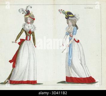 Donna con cofano di paglia decorato con fiori di melograno, aigrette e cockade, capelli in boccoli, girocollo a nastro rosso, garza in pizzo fichu, cucciolo in pizzo, abito in seta di colore foglie morte, cintura nakara, petticoat bianco. Donna in un outfit casual, cofano in taffeta viola e giallo, capelli in piccoli boccoli, fichu di garza bianca, scialle azzurro, caraco bianco e petticoat rifiniti con seta rossa. Incisione in rame colorata a mano da Jean-Antoine le Brun o dal Journal de la Mode et du Gout di Lebrun-Tossa, precedentemente Cabinet des Modes, Chez Buisson, Parigi, e Joseph le Boffe, Londra, 1790. Foto Stock