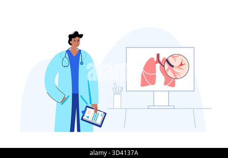 Illustrazione di una procedura broncoscopica. Ciò comporta l'inserimento di un tubo lungo, sottile e flessibile chiamato broncoscopio attraverso il naso o la bocca per esaminare il tubo del vento e le vie aeree. Viene utilizzato per diagnosticare le condizioni polmonari fornendo una visione chiara del rivestimento polmonare e consentire il prelievo di campioni di tessuto o fluido per analisi di laboratorio. Foto Stock