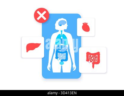 Illustrazione concettuale che mostra i disturbi degli organi interni umani. Foto Stock