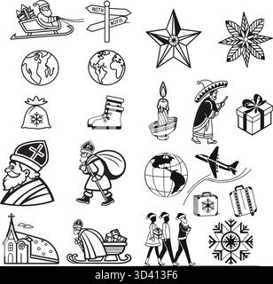 Graziosi Babbo Natale, pupazzo di neve ed elementi natalizi disegnati in puro stile grafico vettoriale. Ideale per illustrazioni di festival invernali, disegni per bambini e Chri Illustrazione Vettoriale