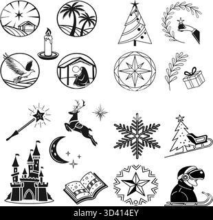 Set icone artistiche linea natalizia Illustrazione Vettoriale