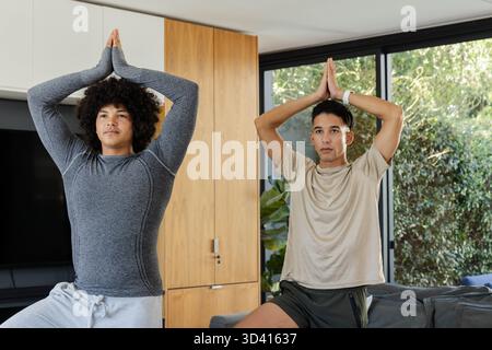 Praticare diversi amici maschi tenendo in posa gli alberi in un soggiorno arioso, con armadietto multimediale e tappetini Foto Stock