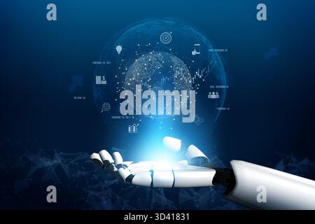 L'INTELLIGENZA ARTIFICIALE collega la rete aziendale globale, elabora lo scambio di dati, analizza le tendenze economiche e supporta l'infrastruttura digitale attraverso l'intelligenza artificiale Foto Stock