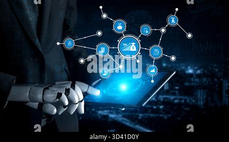Un robot futuristico interagisce con un'interfaccia di finanza digitale, mostrando elementi di applicazioni bancarie e fiscali in un ambiente urbano moderno Foto Stock
