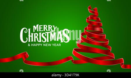 Festivi buon Natale e felice anno nuovo con un albero di Natale a nastro rosso su sfondo verde. Illustrazione vettoriale Illustrazione Vettoriale