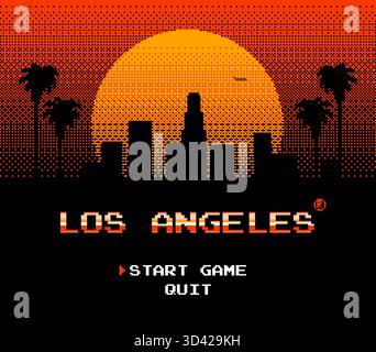 Skyline di Los Angeles in stile rétro console di gioco a 8 bit. Foto Stock