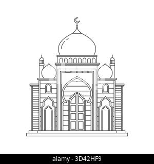 Elegante illustrazione del profilo di una moschea, caratterizzata da una cupola centrale, ingressi ad arco e due piccoli minareti, presentati su un pulito sfondo bianco Illustrazione Vettoriale