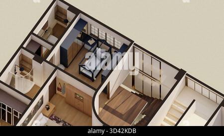 Primo piano del rendering isometrico 3d degli interni domestici Foto Stock