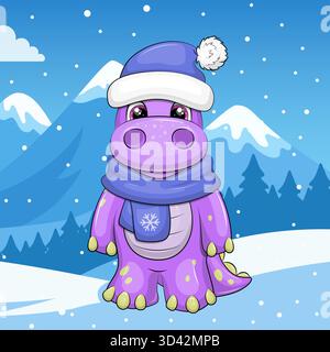 Carino dinosauro cartoni animati con sciarpa blu e cappello in inverno. Illustrazione vettoriale di animali in natura su sfondo blu con neve. Illustrazione Vettoriale