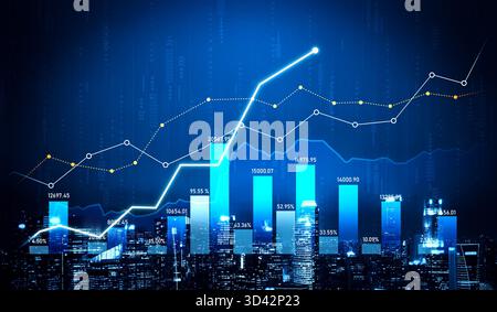 Questa immagine azionaria mostra una visualizzazione dinamica dei dati della crescita aziendale. Grafici e grafici si innalzano al di sopra di uno skyline urbano, sottolineando i progressi nel Foto Stock