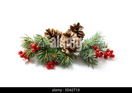 Decorazione natalizia di vera bacca agrifoglio e cono di pino su sfondo bianco. Decorazione naturale invernale. Foto Stock
