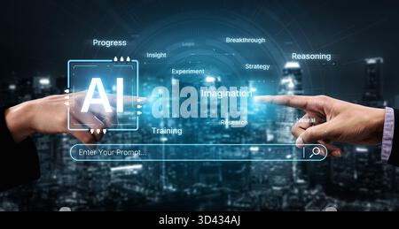 Un concetto di intelligenza artificiale cognitiva che mette in evidenza i suoi processi creativi e strategici. Il sistema utilizza immaginazione, ragionamento e ricerca per generare nuovi Foto Stock